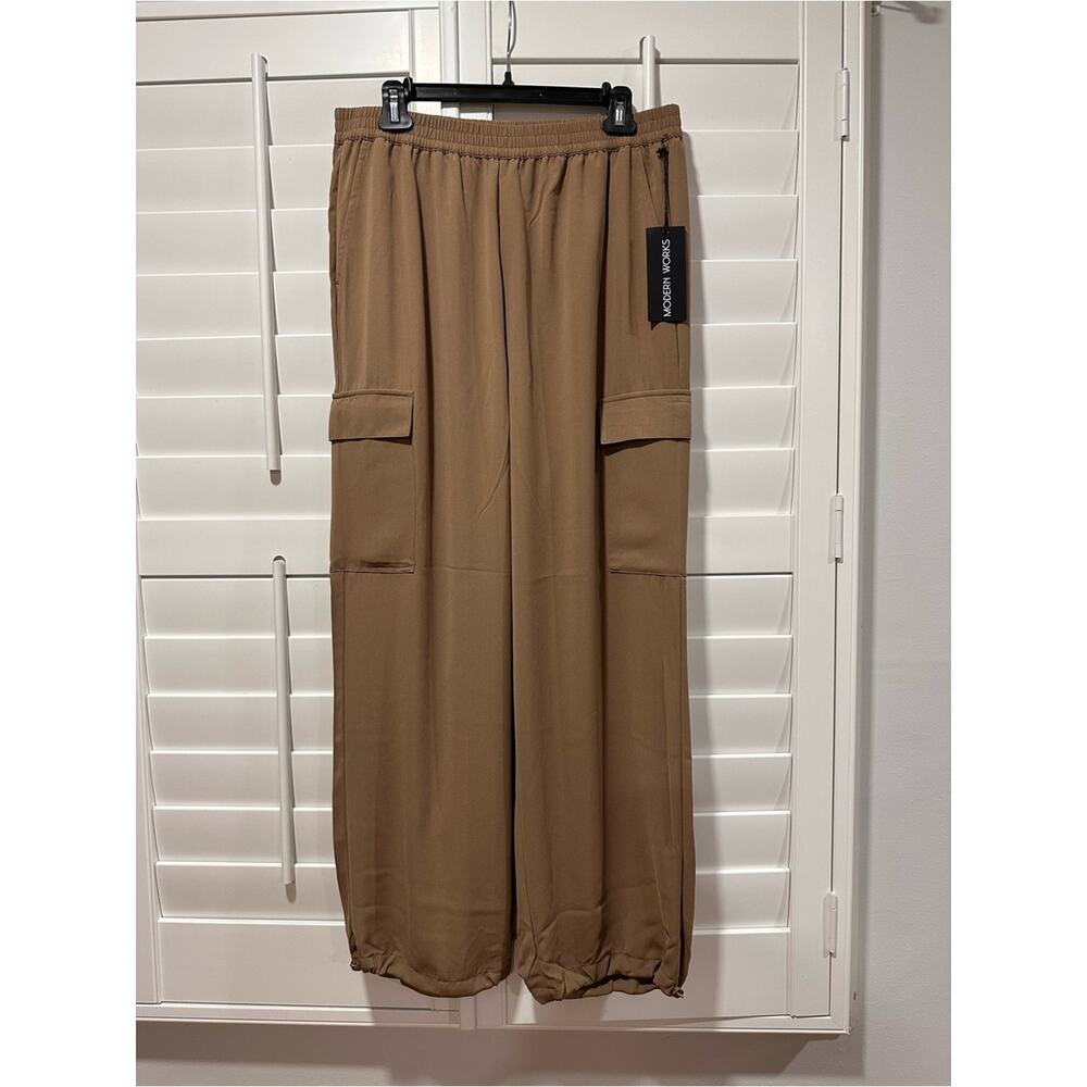 Modern Works Pants Cargo Jogger Large Tan Elastic Waist NWT Drawstring Ankle Hem - Picture 3 of 14